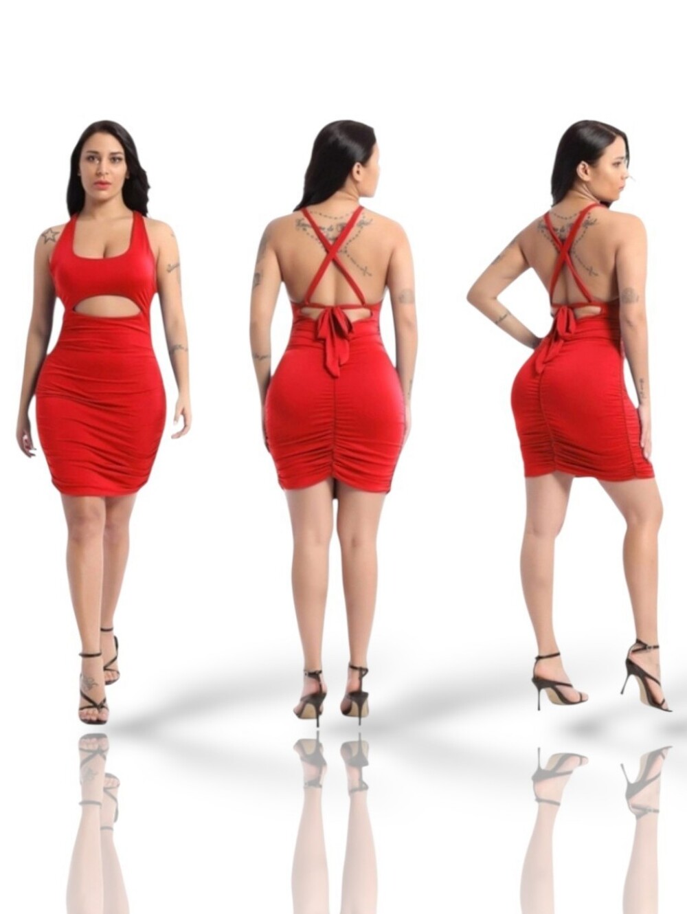 Women's Sexy Red Ruched Cut-Out Front Bodycon Mini Dress